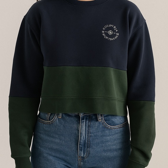 COLUMBIA | Green and Blue Color Block Crop Boxy Sweatshirt 1938 Sportswear - Picture 1 of 13